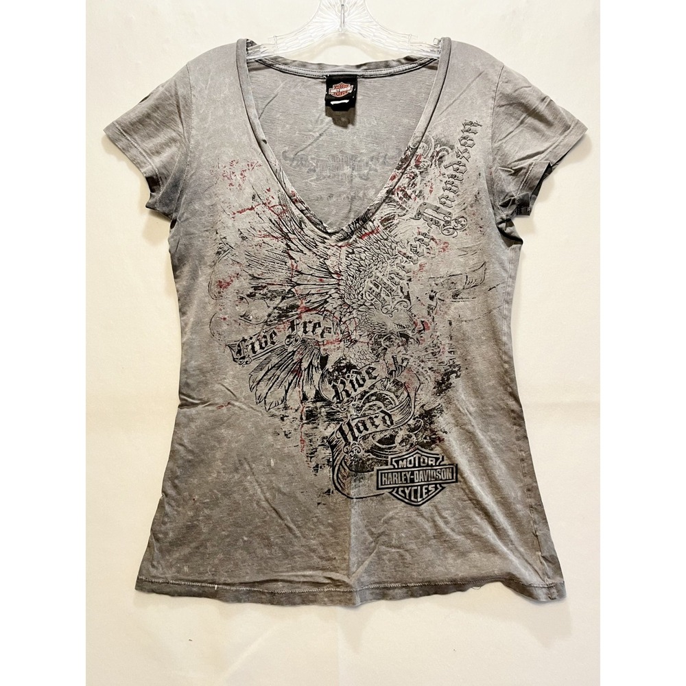 Harley Davidson V Neck T Shirt Graphic Womens Gray Size XL